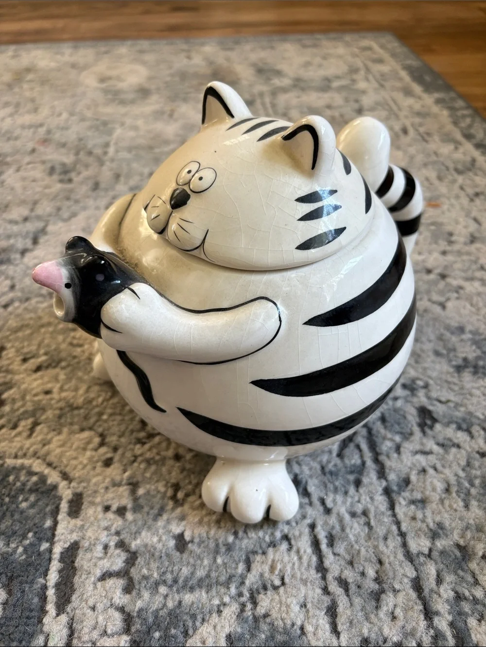 Pier 1 White and Black Striped Ceramic fat Cat Tea pot